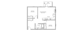 A floor plan of a house with a living room, dining room, kitchen, and two bedrooms.
