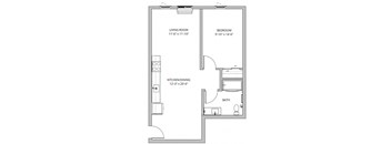 A floor plan of a small apartment with a living room, bedroom, kitchen/dining area, and bathroom.