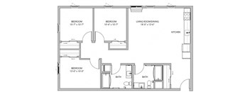 A floor plan of a small apartment with three bedrooms and a living room/dining area.