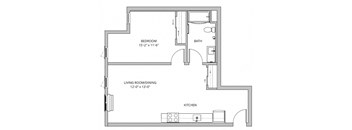A floor plan of a small apartment with a bedroom, living room/dining room, and kitchen.