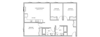 A floor plan of a house with a living room, two bedrooms, a kitchen, and two bathrooms.