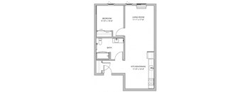 A floor plan of a small apartment with a bedroom, living room, kitchen/dining area, and bathroom.