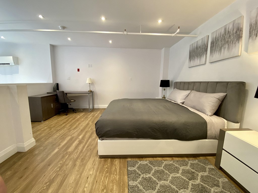 a bedroom with a bed and a desk and a rug