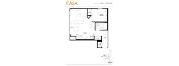 2d floorplan of a 1 bedroom, 1 bathroom unit.