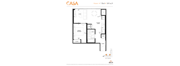 2d floorplan of a 1 bedroom, 1 bathroom unit.
