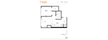 2d floorplan of a 1 bedroom, 1 bathroom unit.