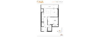 2d floorplan of a 1 bedroom, 1 bathroom unit.