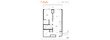 2d floorplan of a 2 bedroom, 1 bathroom unit.