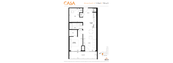 2d floorplan of a 2 bedroom, 1 bathroom unit.