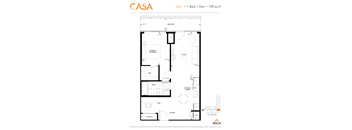 2d floorplan of a 2 bedroom, 1 bathroom unit.
