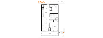 2d floorplan of a 2 bedroom, 1 bathroom unit.