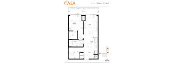 2d floorplan of a 2 bedroom, 1 bathroom unit.