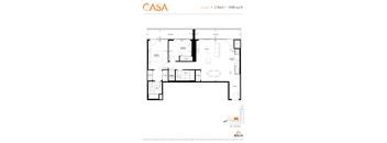 2d floorplan of a 2 bedroom, 2 bathroom unit.