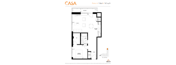 2d floorplan of a 1 bedroom, 1 bathroom unit.