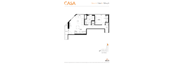 2d floorplan of a 1 bedroom, 1 bathroom unit.