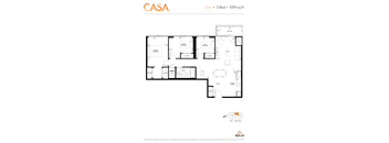 2d floorplan of a 3 bedroom, 1 bathroom unit.