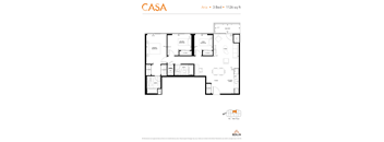 2d floorplan of a 3 bedroom, 2 bathroom unit.