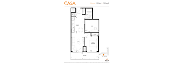 2d floorplan of a 2 bedroom, 1 bathroom unit.