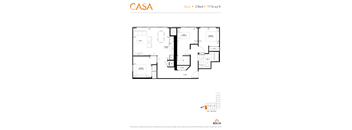2d floorplan of a 3 bedroom, 1 bathroom unit.