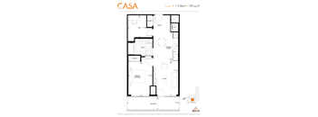 2d floorplan of a 2 bedroom, 1 bathroom unit.