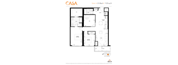 2d floorplan of a 3 bedroom, 2 bathroom unit.
