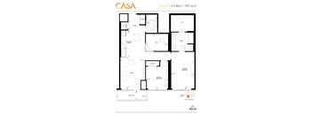 2d floorplan of a 3 bedroom, 2 bathroom unit.