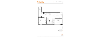 2d floorplan of a 2 bedroom, 1 bathroom unit.