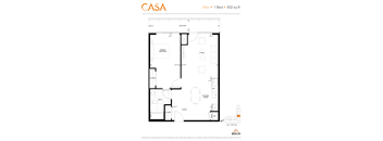 2d floorplan of a 1 bedroom, 1 bathroom unit.