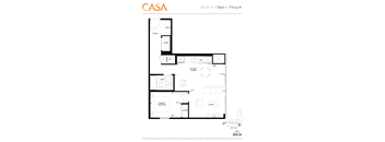 2d floorplan of a 1 bedroom, 1 bathroom unit.