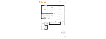 2d floorplan of a 1 bedroom, 1 bathroom unit.
