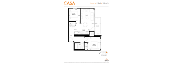 2d floorplan of a 2 bedroom, 1 bathroom unit.