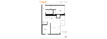 2d floorplan of a 2 bedroom, 1 bathroom unit.