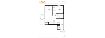 2d floorplan of a 1 bedroom, 1 bathroom unit.