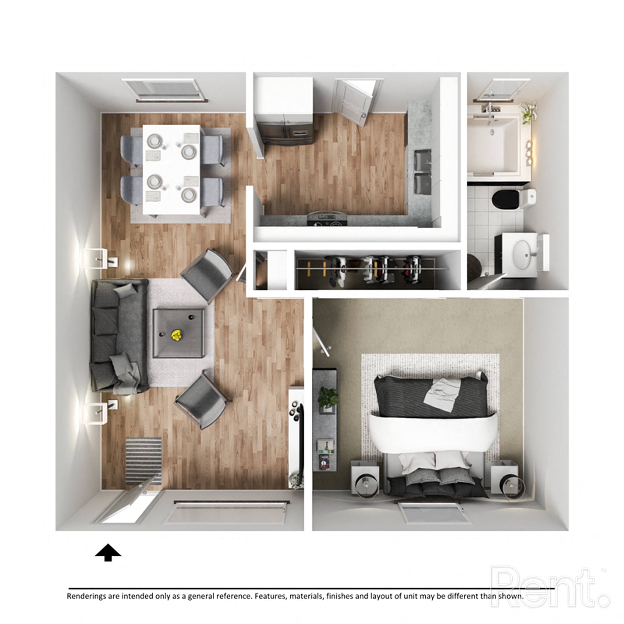 a 3d floor plan of a bedroom with a living room
