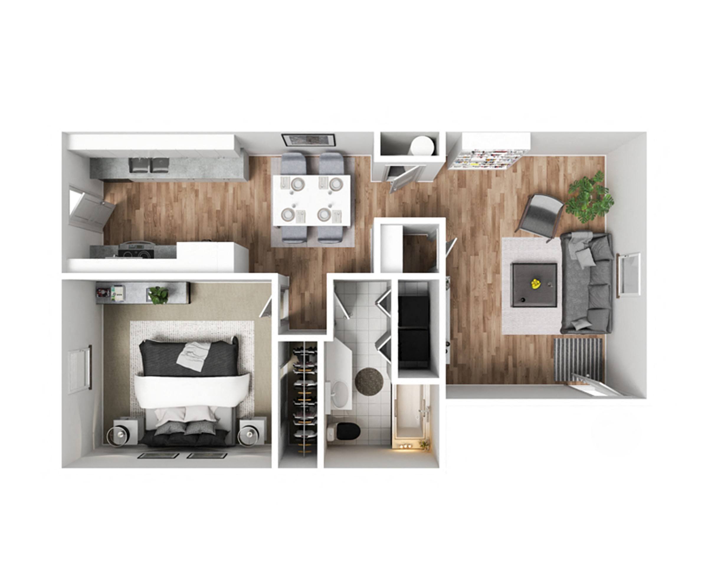 the 1190 sqft floor plan with bedroom and living room
