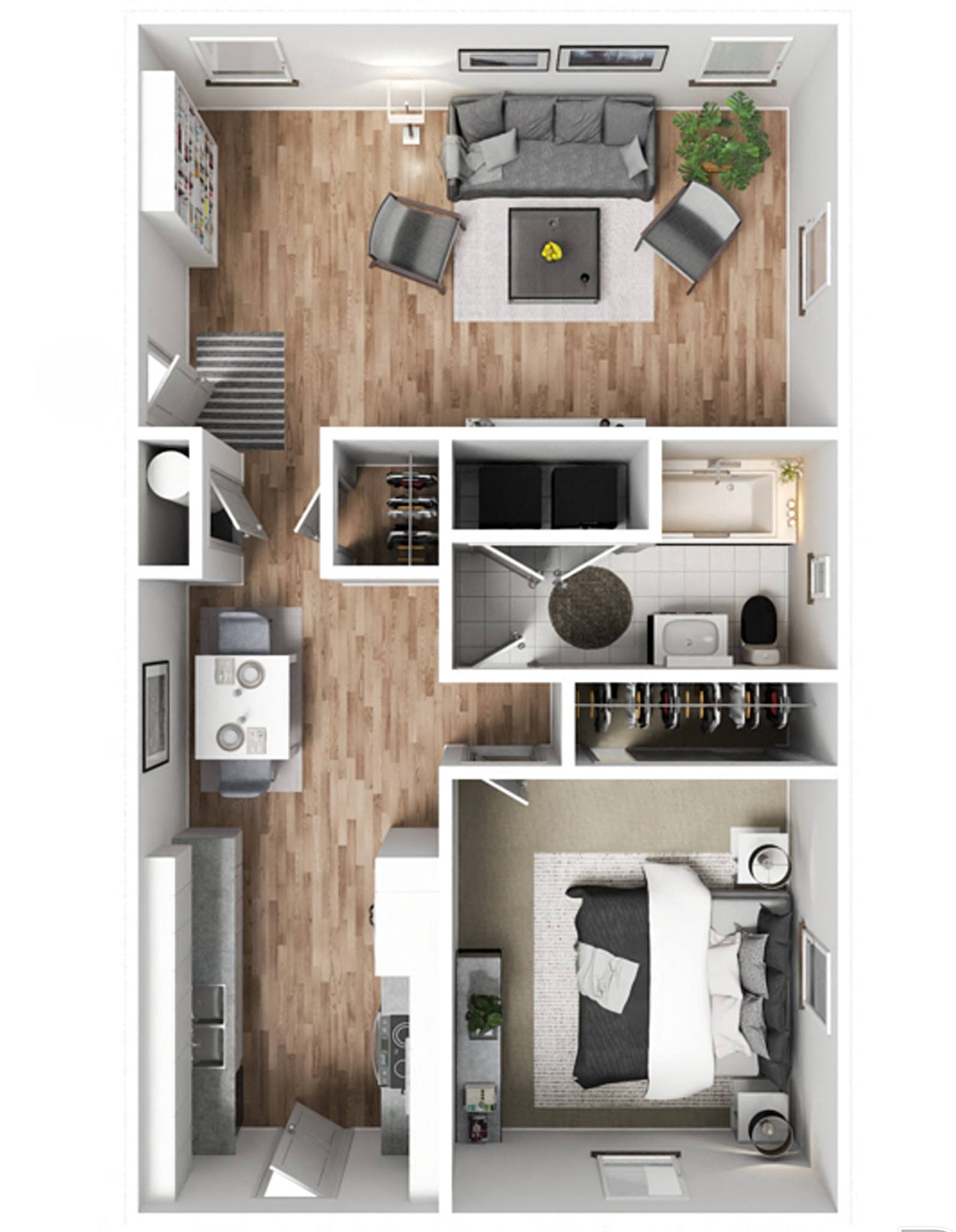 a 1 bedroom floor plan with a bathroom and a living room