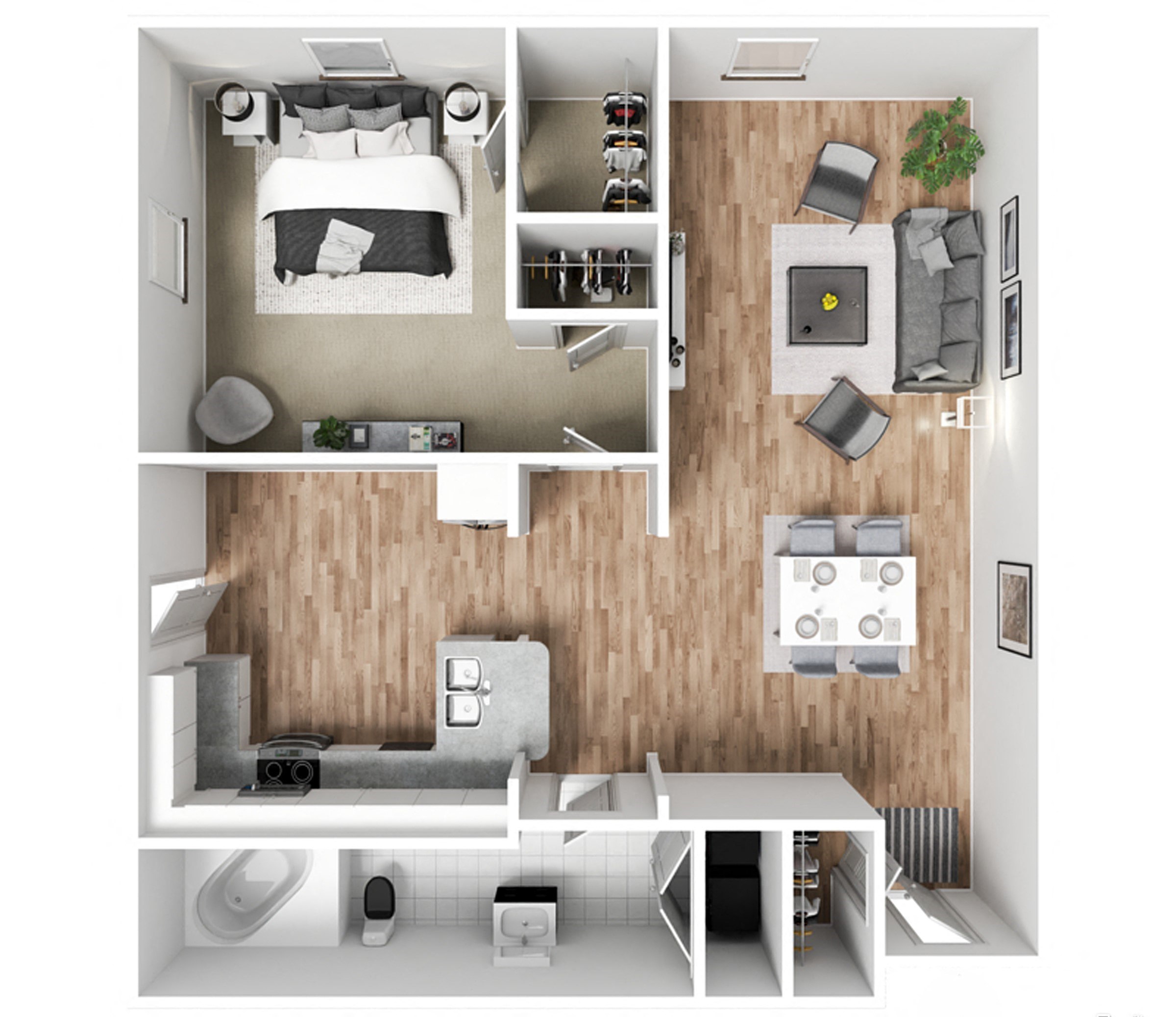 a stylized 1 bedroom floor plan with a bedroom and a living room