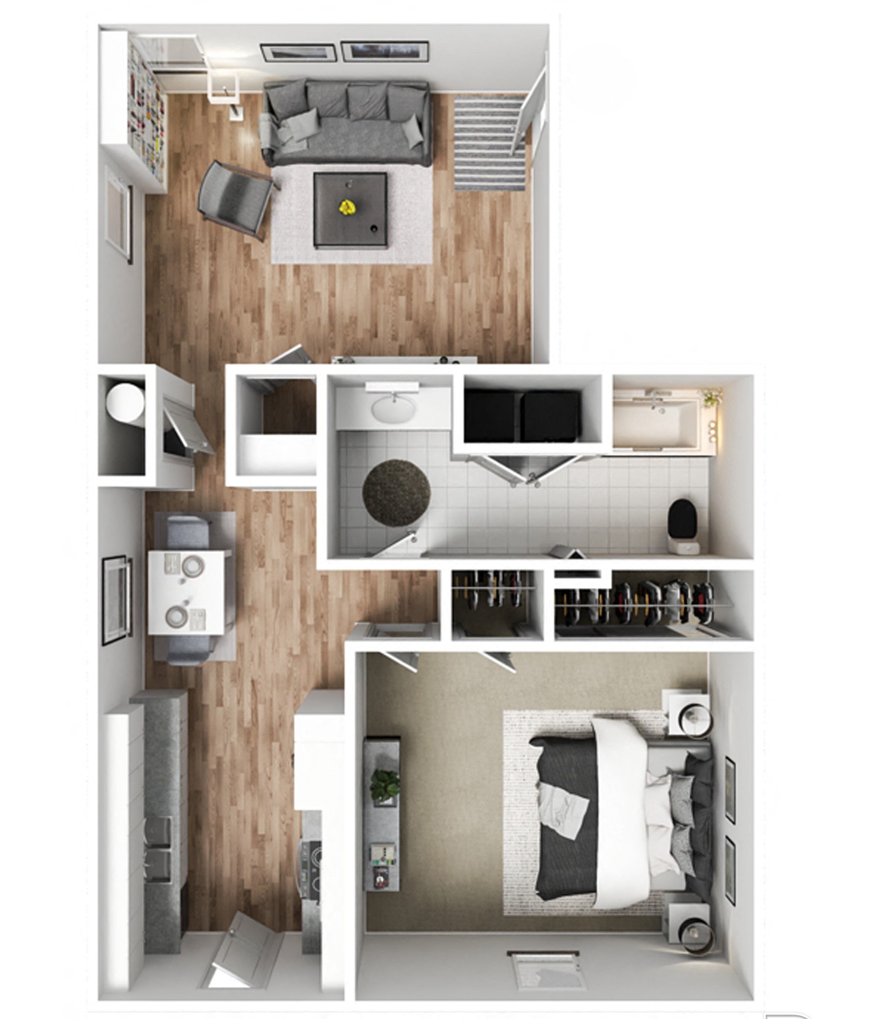 a stylized floor plan with a bedroom and a bathroom