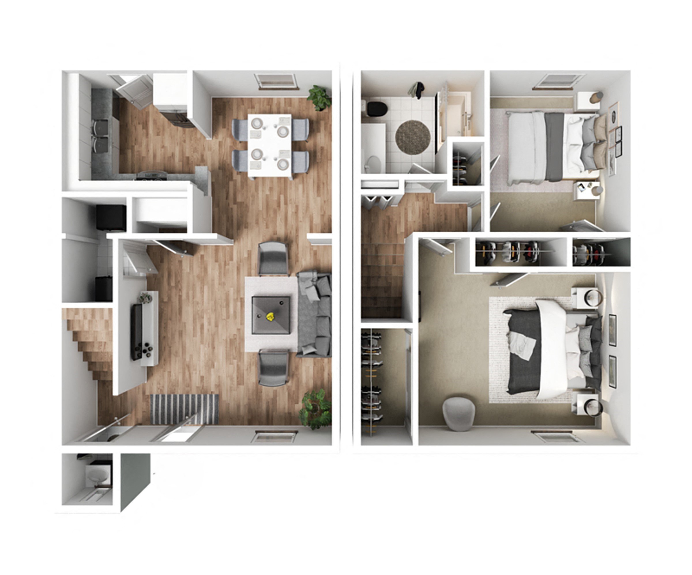 a stylized floor plan with a bedroom and a living room