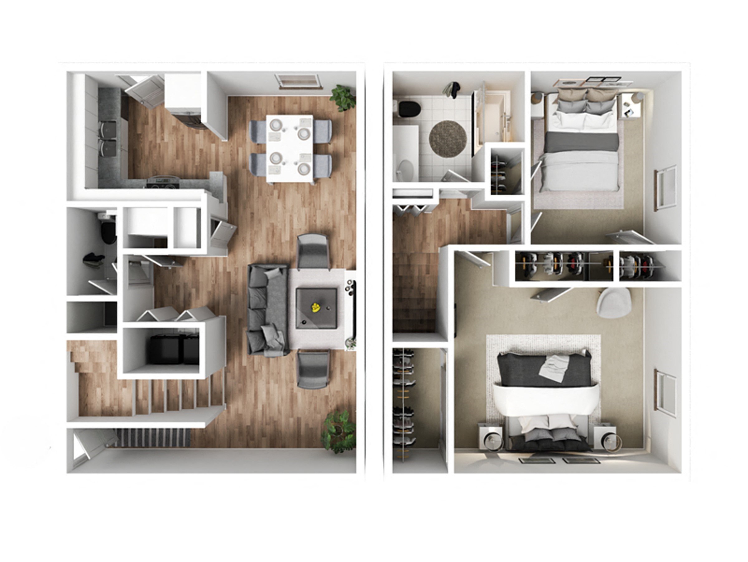 a stylized floor plan of a bedroom and a living room