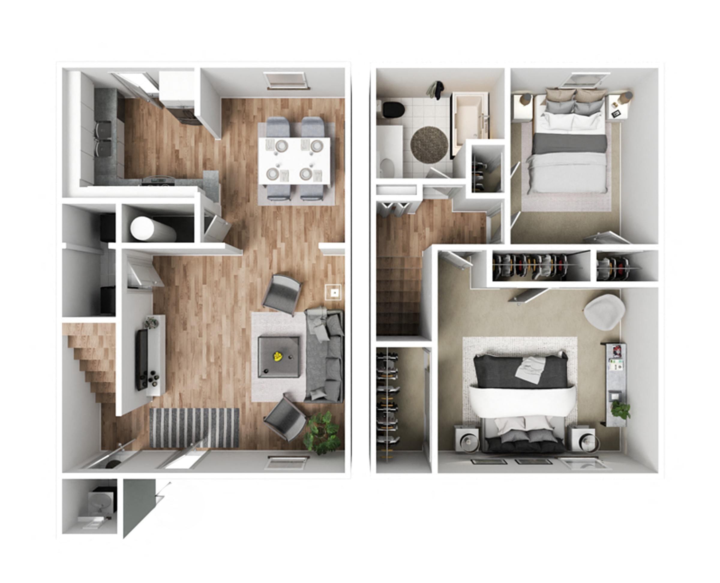a stylized floor plan of a 2100 sq ft apartment