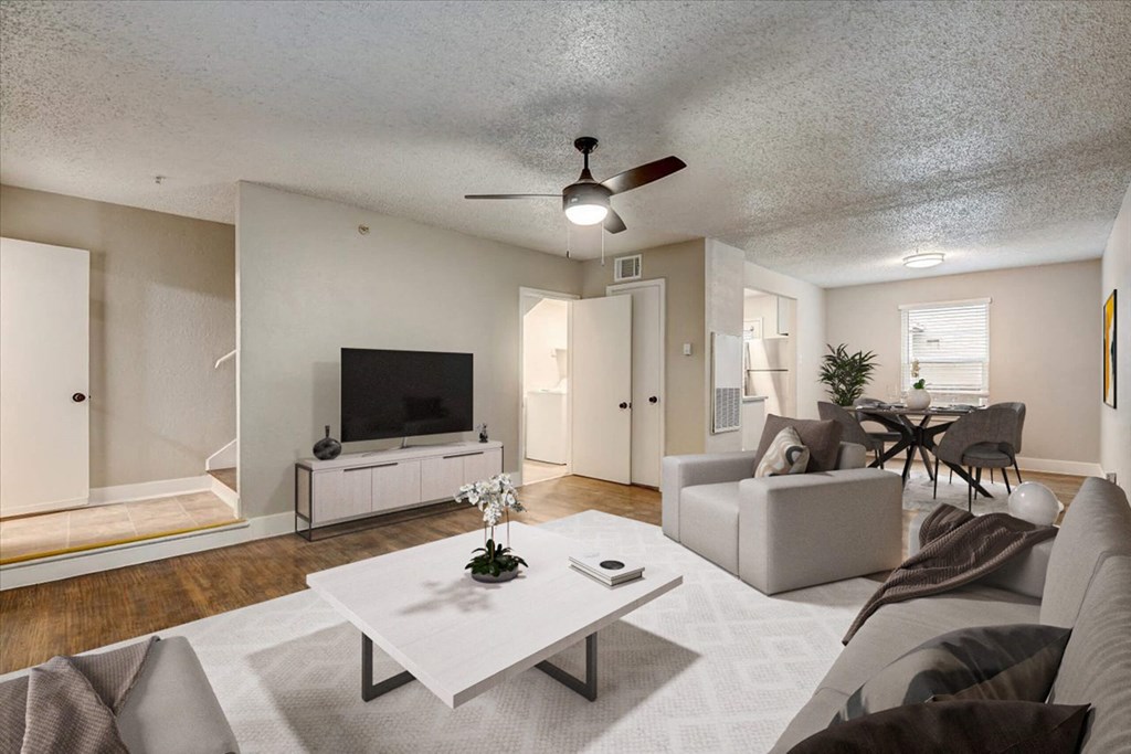 a living room with a couch and a coffee table and a tv