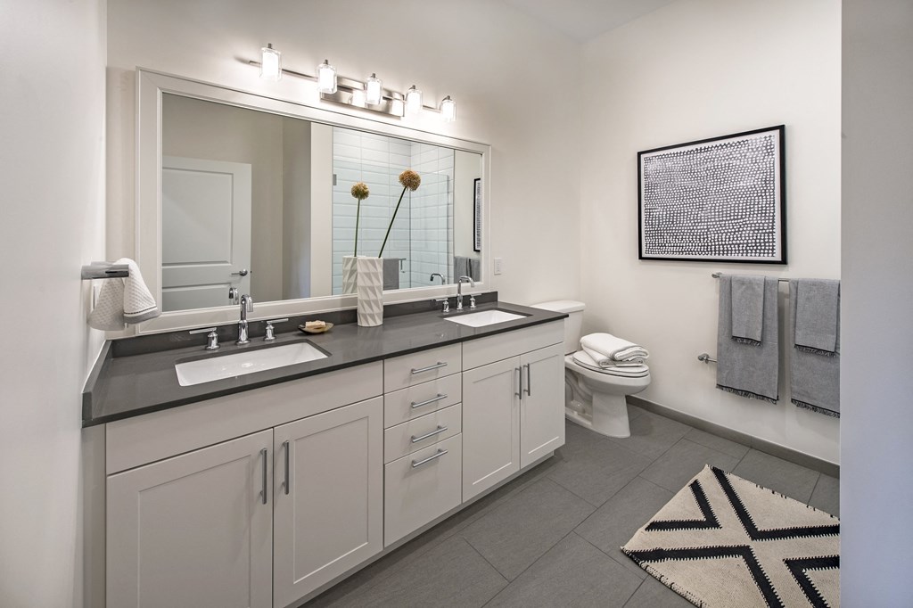 a bathroom with a large mirror and two sinks