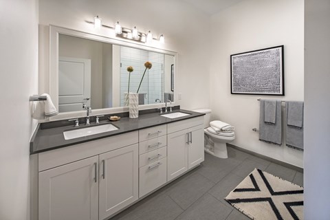 a bathroom with a large mirror and two sinks