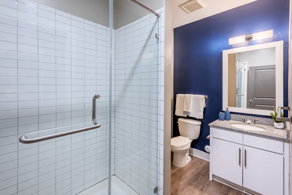 a bathroom with a shower and a sink and a toilet
