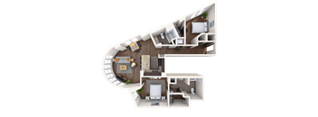 A 3D floor plan of a house with a living room, kitchen, and bedrooms.