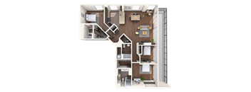 A 3D floor plan of a small apartment with a kitchen, living room, and bedroom.