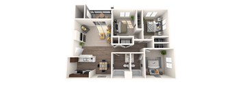 this is a 3d floor plan of a 884 square foot 1 bedroom apartment at the