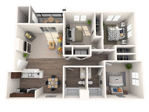 this is a 3d floor plan of a 884 square foot 1 bedroom apartment at the