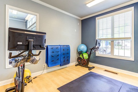 a home gym with exercise bikes and a tv